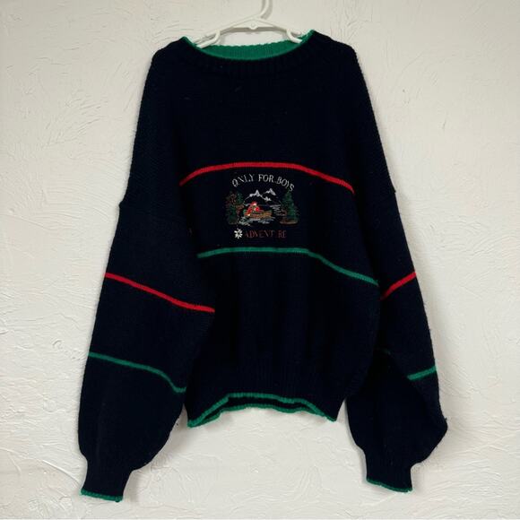 Vintage 80s Navy Blue Wool Embroidered Only For Boys Adventure Sweater Womens XS - Picture 1 of 9